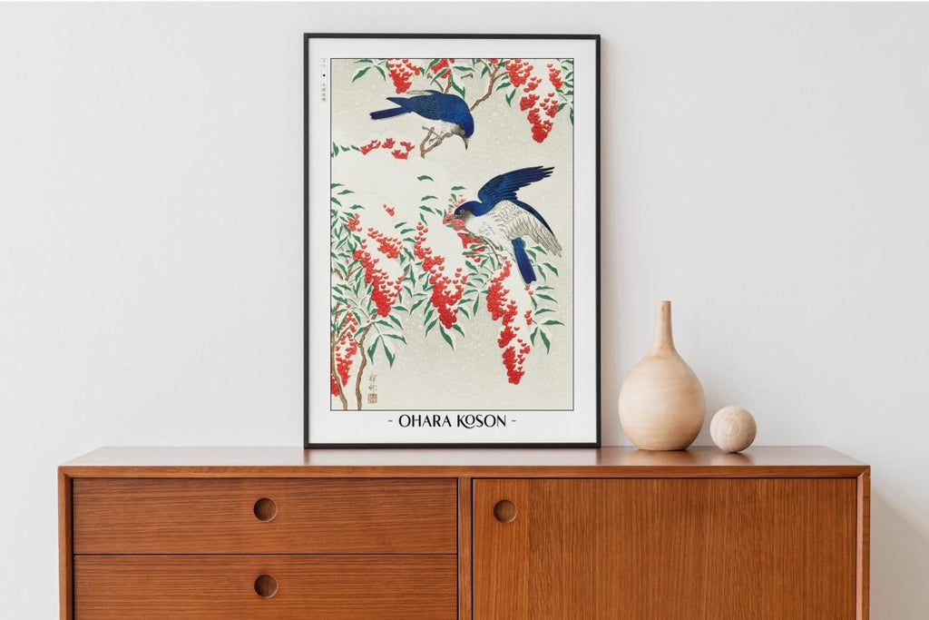 Ohara Koson - Flycatchers in Snow - Artist Name with Decor