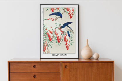 Ohara Koson - Flycatchers in Snow - Artist Name with Decor