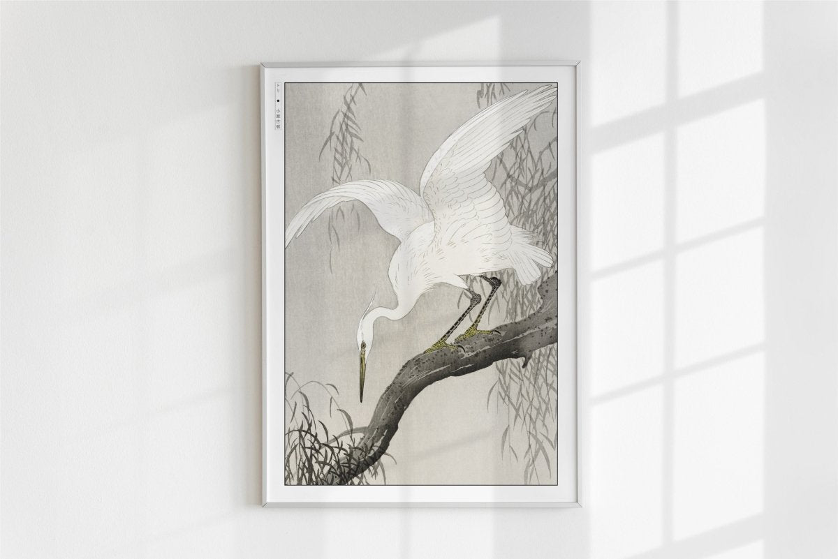 Ohara Koson - White Heron on a Tree Branch - Art Only - White Frame
