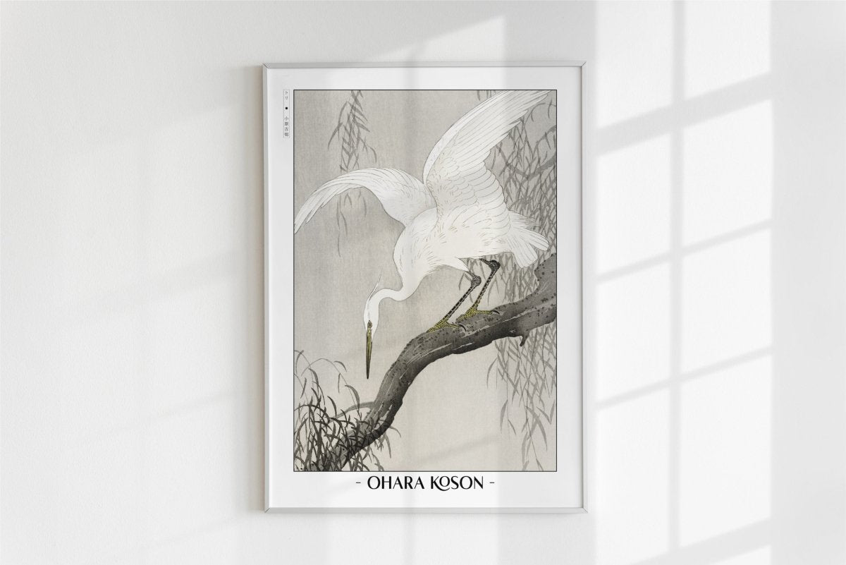 Ohara Koson - White Heron on a Tree Branch - Artist Name - White Frame