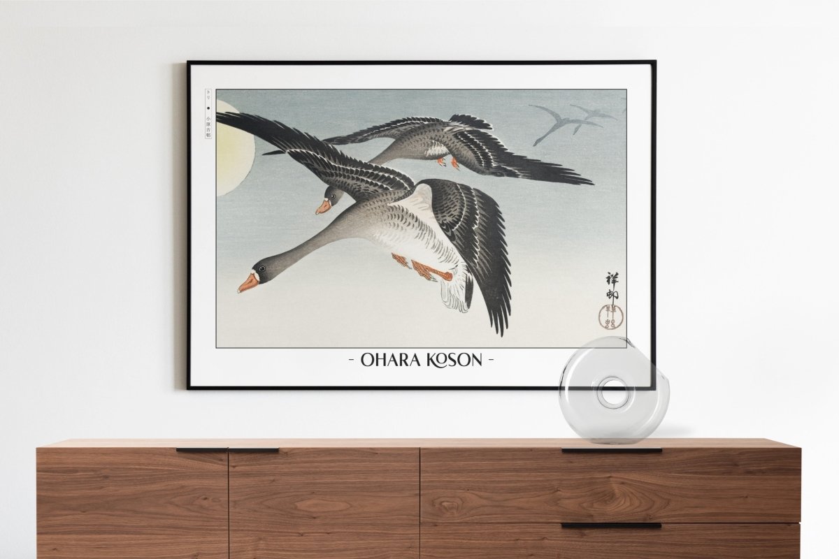 Ohara Koson - Birds at Full Moon - Artist Name with Decor