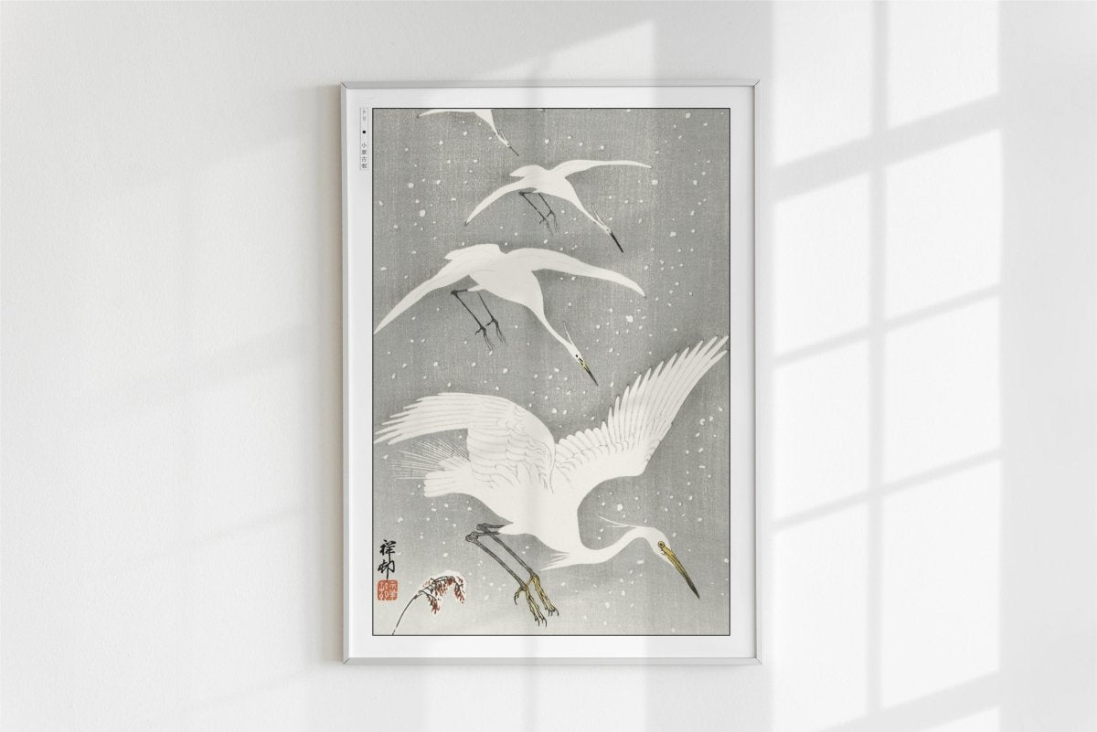 Ohara Koson - Descending Egrets in Snow - Art Only - White Frame