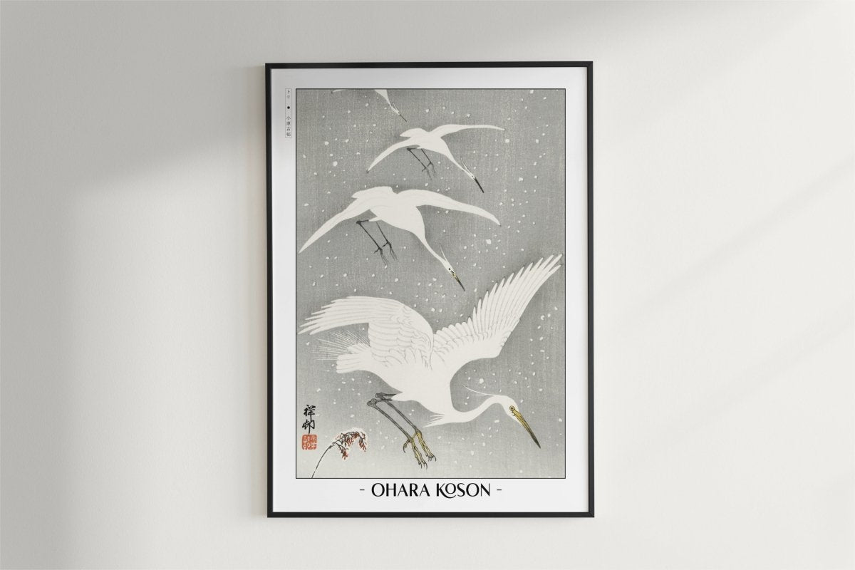 Ohara Koson - Descending Egrets in Snow - Artist Name - Black Frame