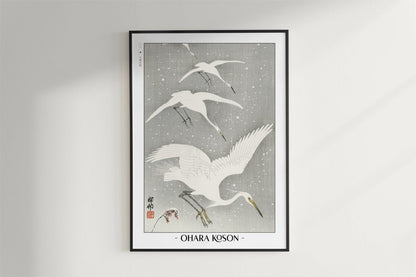 Ohara Koson - Descending Egrets in Snow - Artist Name - Black Frame