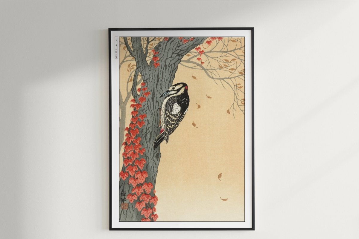 Ohara Koson - Great Spotted Woodpecker in Tree with Red Ivy - Art Only - Unframed