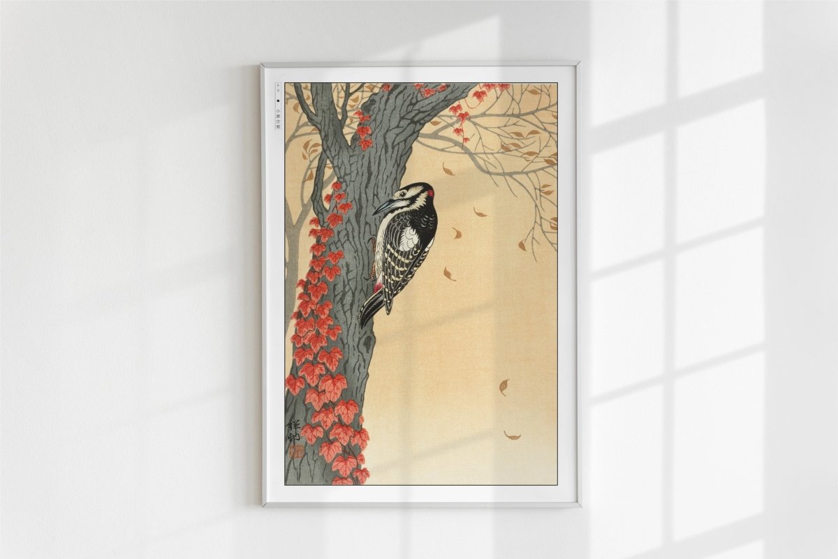 Ohara Koson - Great Spotted Woodpecker in Tree with Red Ivy - Art Only - White Frame