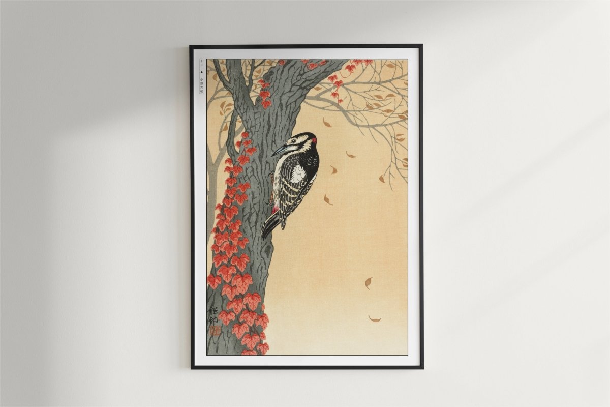 Ohara Koson - Great Spotted Woodpecker in Tree with Red Ivy - Art Only - Black Frame
