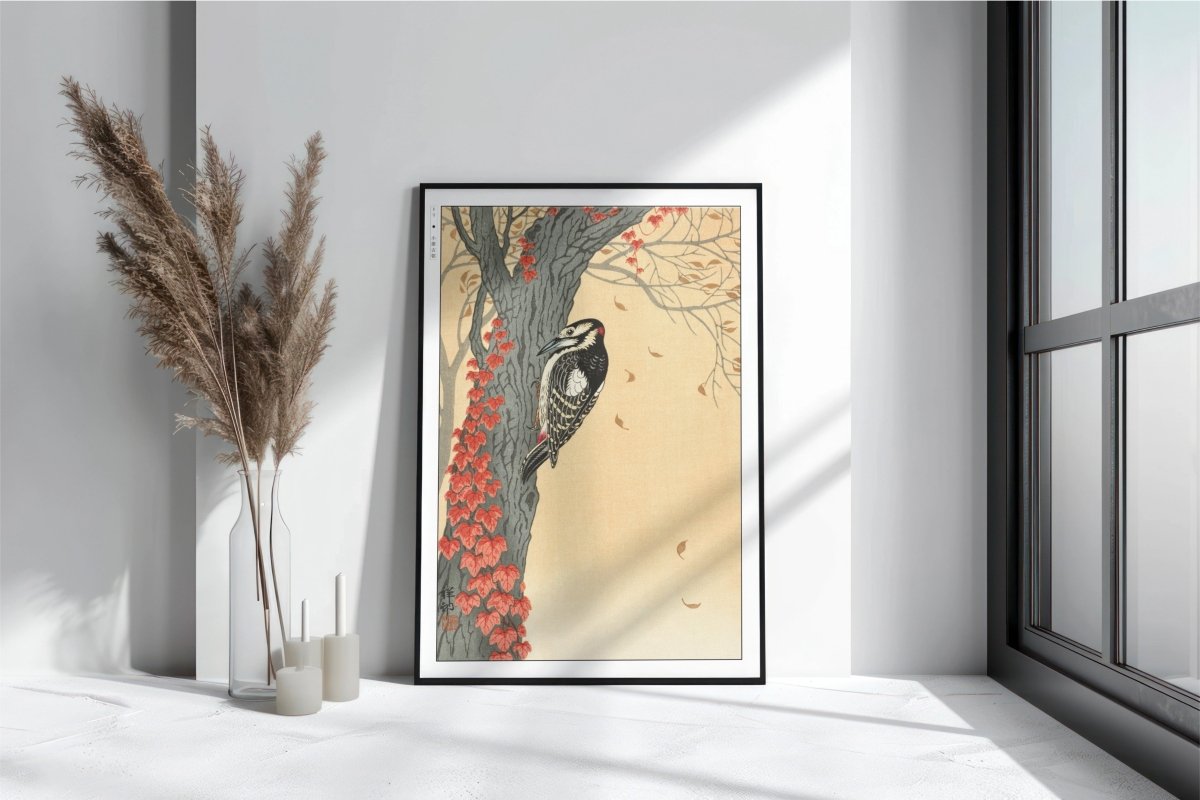 Ohara Koson - Great Spotted Woodpecker in Tree with Red Ivy - Art Only with Decor