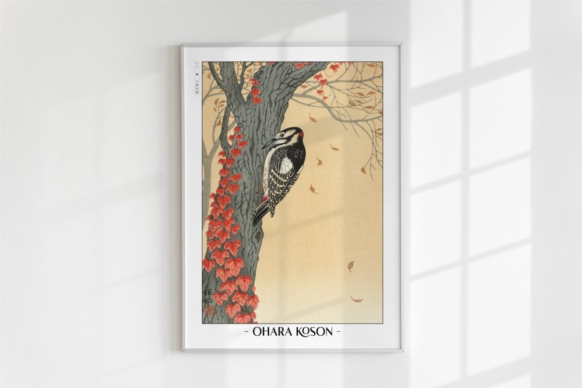 Ohara Koson - Great Spotted Woodpecker in Tree with Red Ivy - Artist Name - White Frame