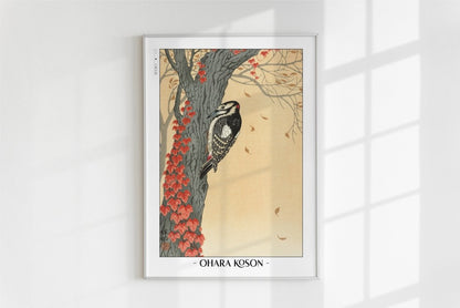 Ohara Koson - Great Spotted Woodpecker in Tree with Red Ivy - Artist Name - White Frame