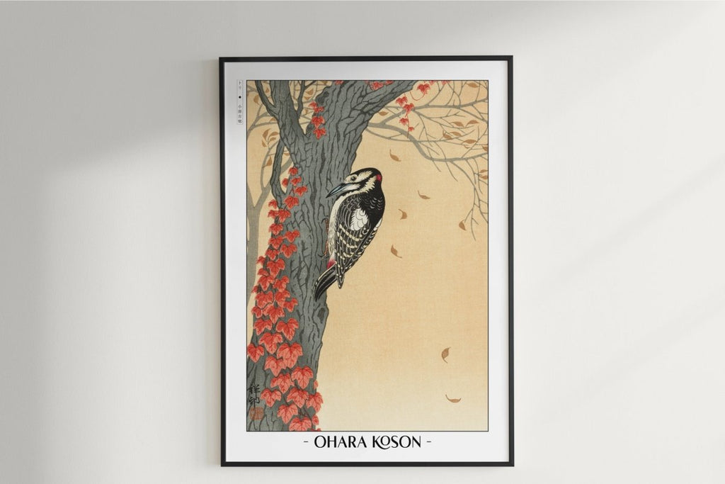 Ohara Koson - Great Spotted Woodpecker in Tree with Red Ivy - Artist Name Unframed