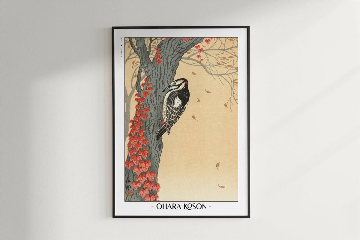 Ohara Koson - Great Spotted Woodpecker in Tree with Red Ivy - Artist Name - Black Frame