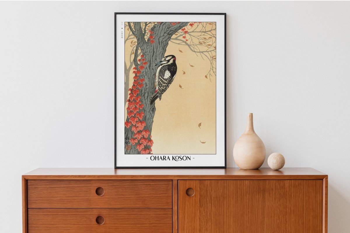 Ohara Koson - Great Spotted Woodpecker in Tree with Red Ivy - Artist Name with Decor