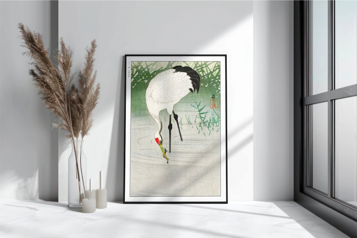 Ohara Koson - Crane Fishing in Shallow Water - Art Only with Decor