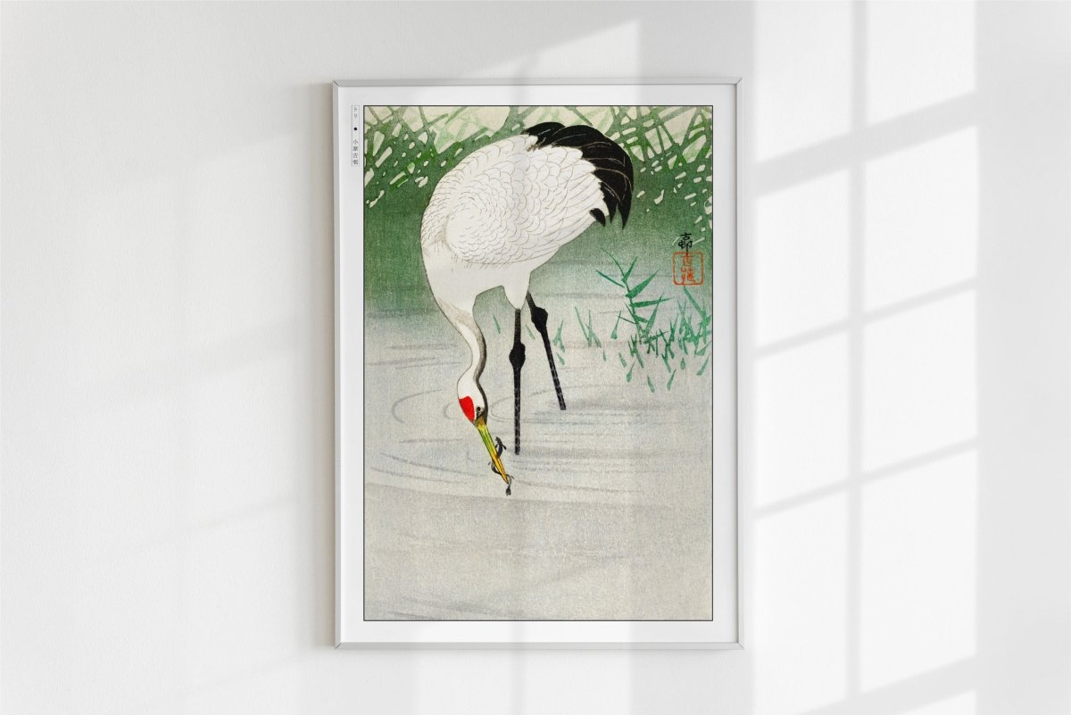 Ohara Koson - Crane Fishing in Shallow Water - Art Only - White Frame