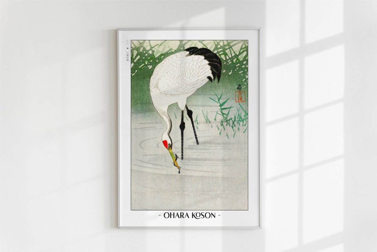 Ohara Koson - Crane Fishing in Shallow Water - Artist Name - White Frame