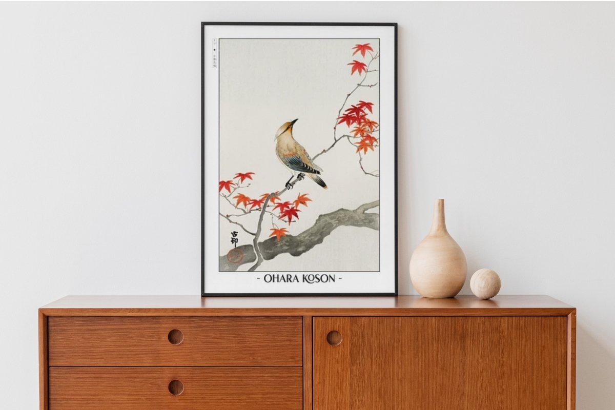 Ohara Koson - Japanese Plague Bird on Maple - Artist Name with Decor
