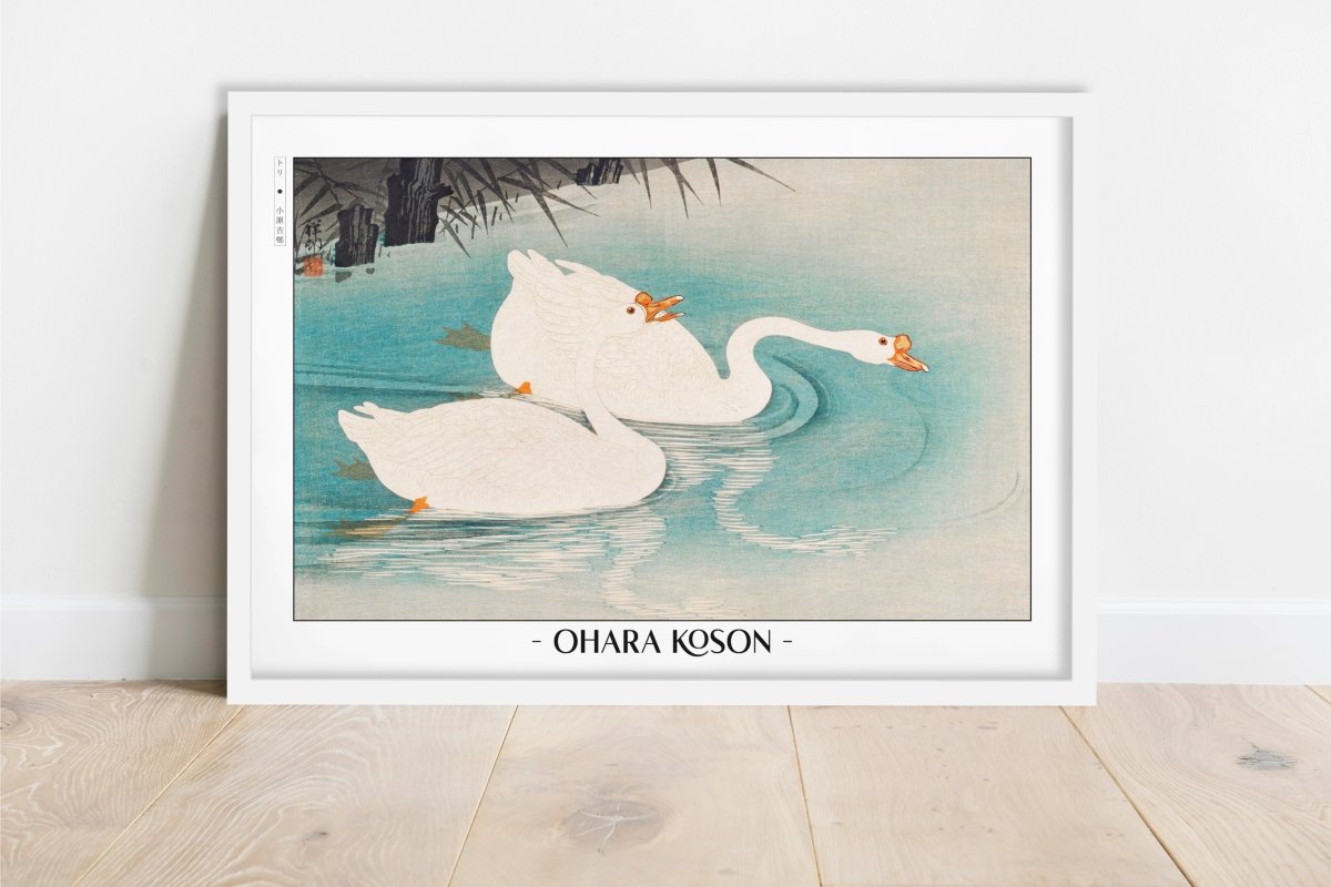 Ohara Koson - Geese Amid Reeds - Artist Name - White Frame