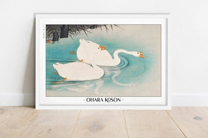 Ohara Koson - Geese Amid Reeds - Artist Name - White Frame