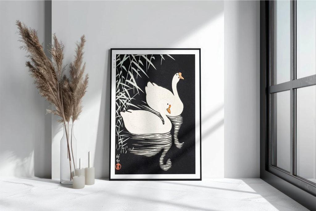 Ohara Koson - White Chinese Geese Swimming by Reeds - Art Only with Decor
