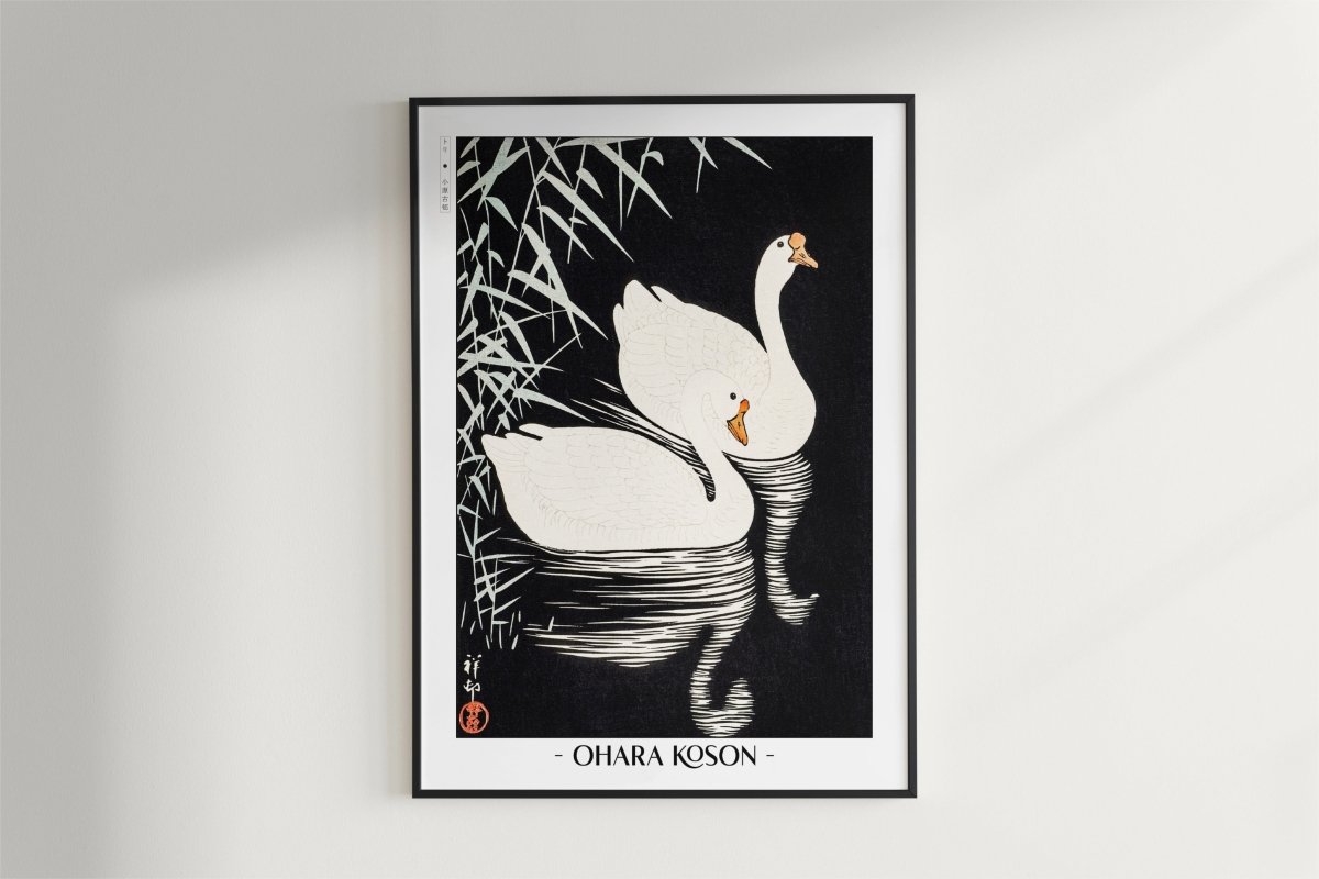Ohara Koson - White Chinese Geese Swimming by Reeds - Artist Name - Black Frame