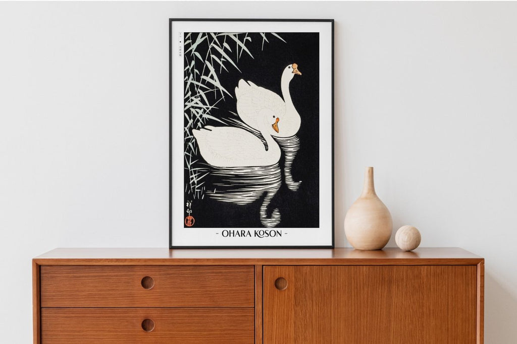 Ohara Koson - White Chinese Geese Swimming by Reeds - Artist Name with Decor