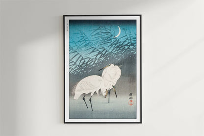 Ohara Koson - Egrets & Reeds in Moonlight - Art Only - Black Frame