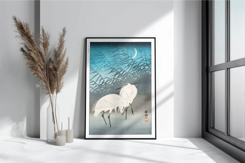 Ohara Koson - Egrets & Reeds in Moonlight - Art Only with Decor