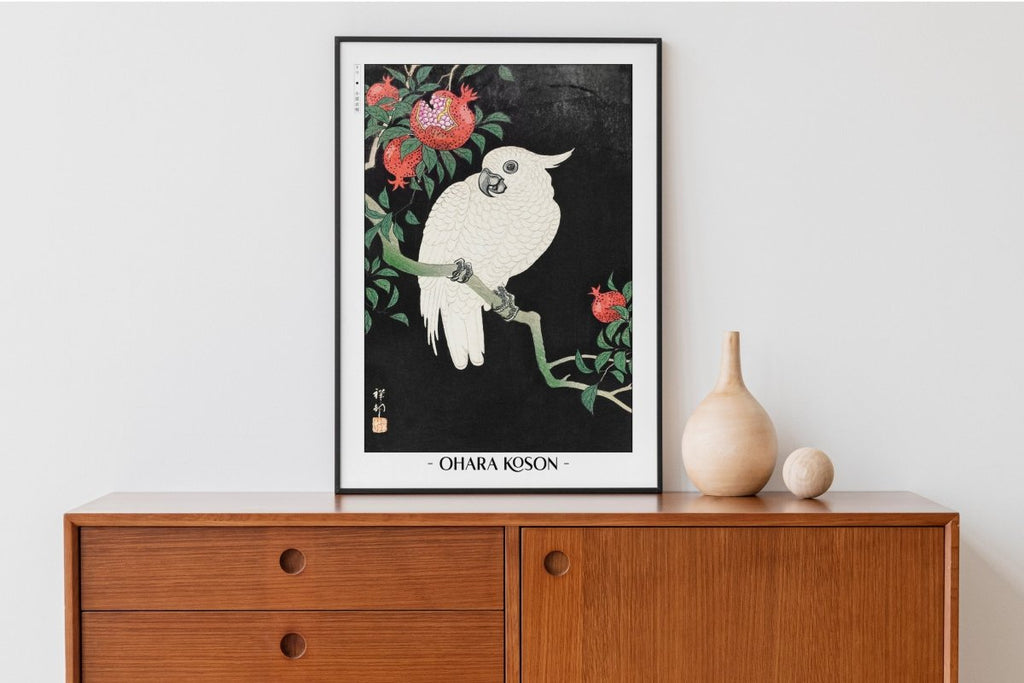 Ohara Koson - Parrot & Pomegranate - Artist Name with Decor