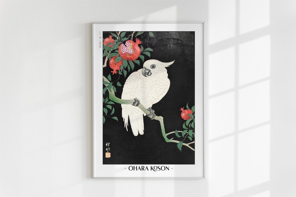 Ohara Koson - Parrot & Pomegranate - Artist Name - White Frame