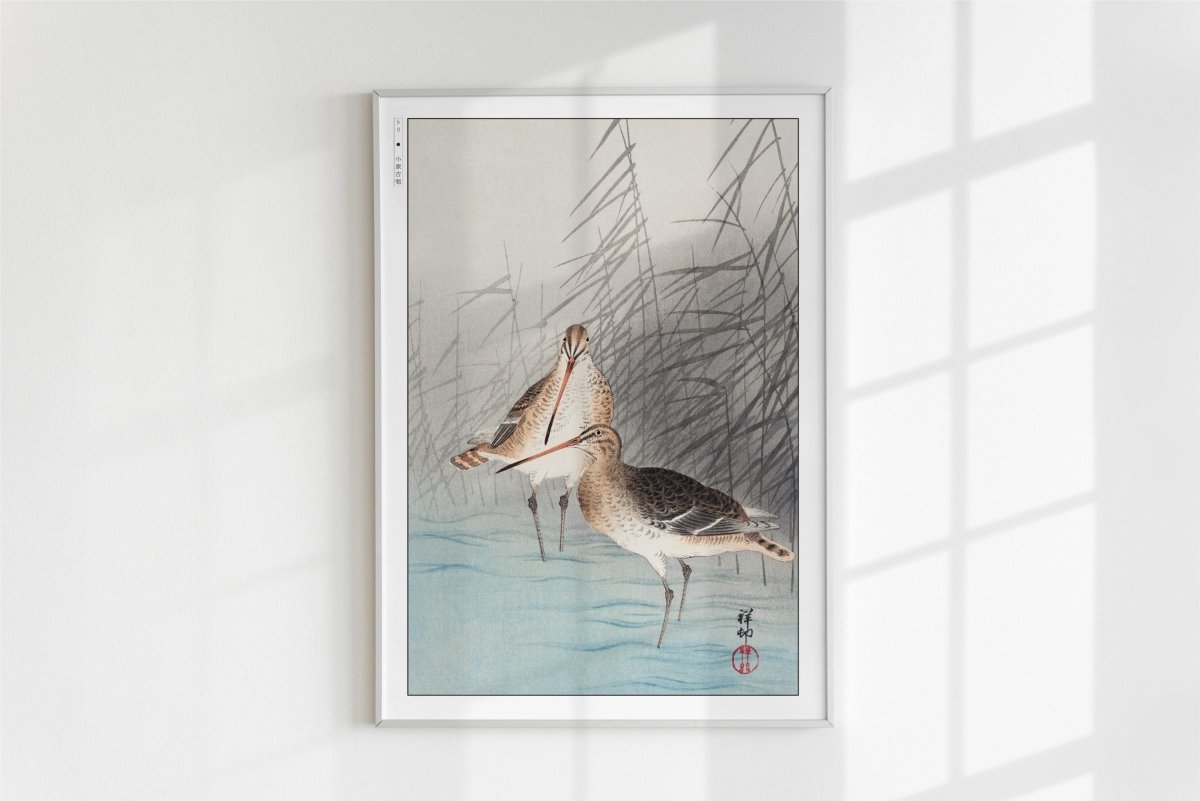 Ohara Koson - Two Bar-Tailed Godwits - Art Only - White Frame