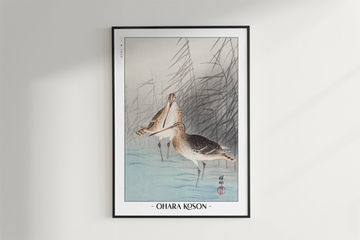Ohara Koson - Two Bar-Tailed Godwits - Artist Name - Black Frame