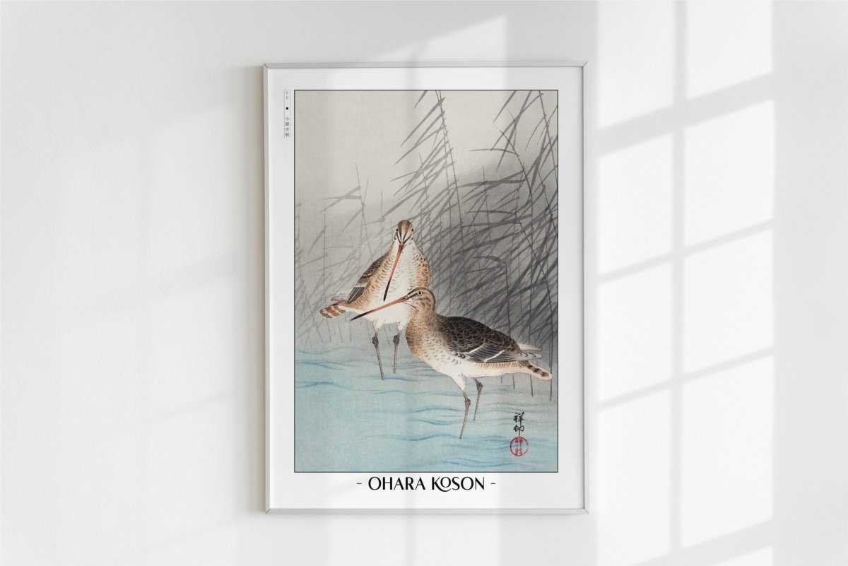 Ohara Koson - Two Bar-Tailed Godwits - Artist Name - White Frame