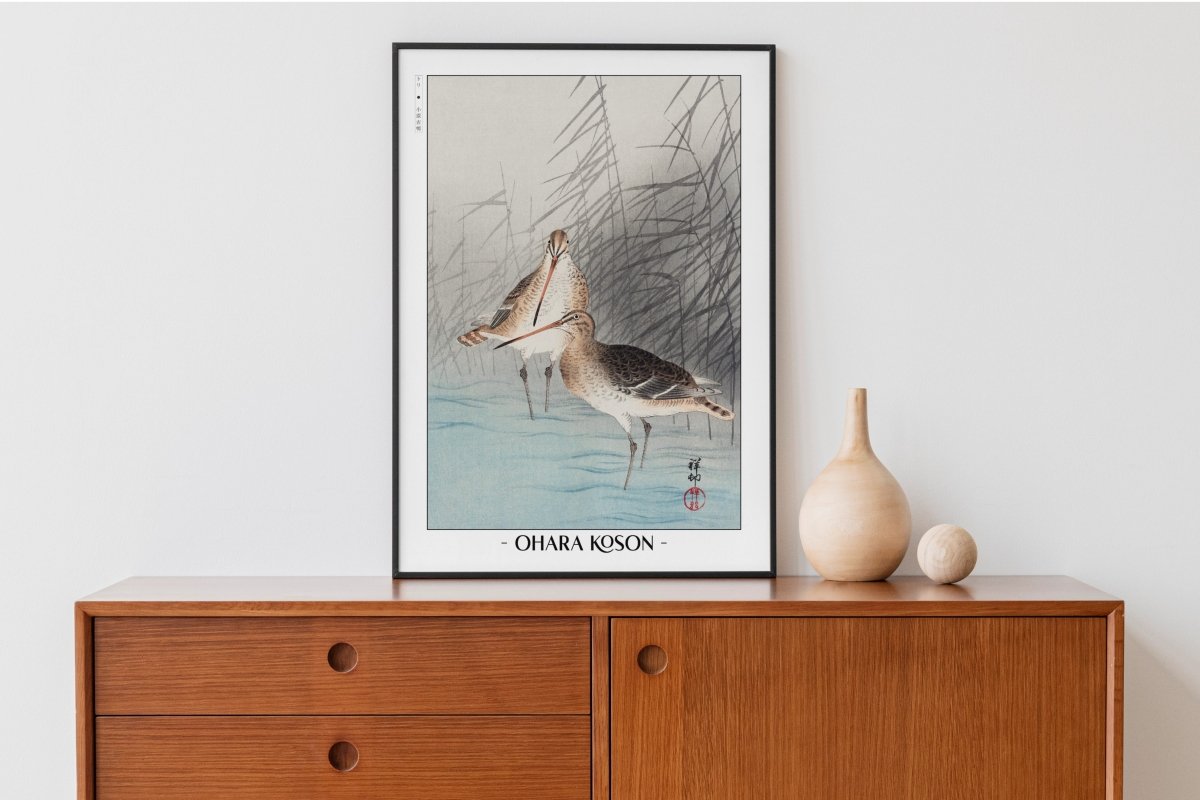 Ohara Koson - Two Bar-Tailed Godwits - Artist Name with Decor