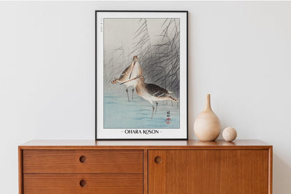 Ohara Koson - Two Bar-Tailed Godwits - Artist Name with Decor