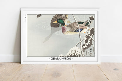 Ohara Koson - Two Mallards near a Snow-Covered Lotus - Artist Name - White Frame