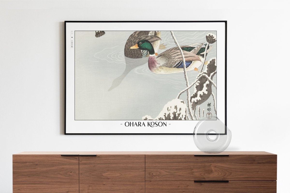 Ohara Koson - Two Mallards near a Snow-Covered Lotus - Artist Name with Decor