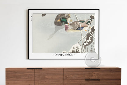 Ohara Koson - Two Mallards near a Snow-Covered Lotus - Artist Name with Decor