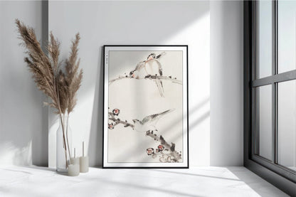 Hokusai - Three Birds Perched on Branches - Art Only with Decor