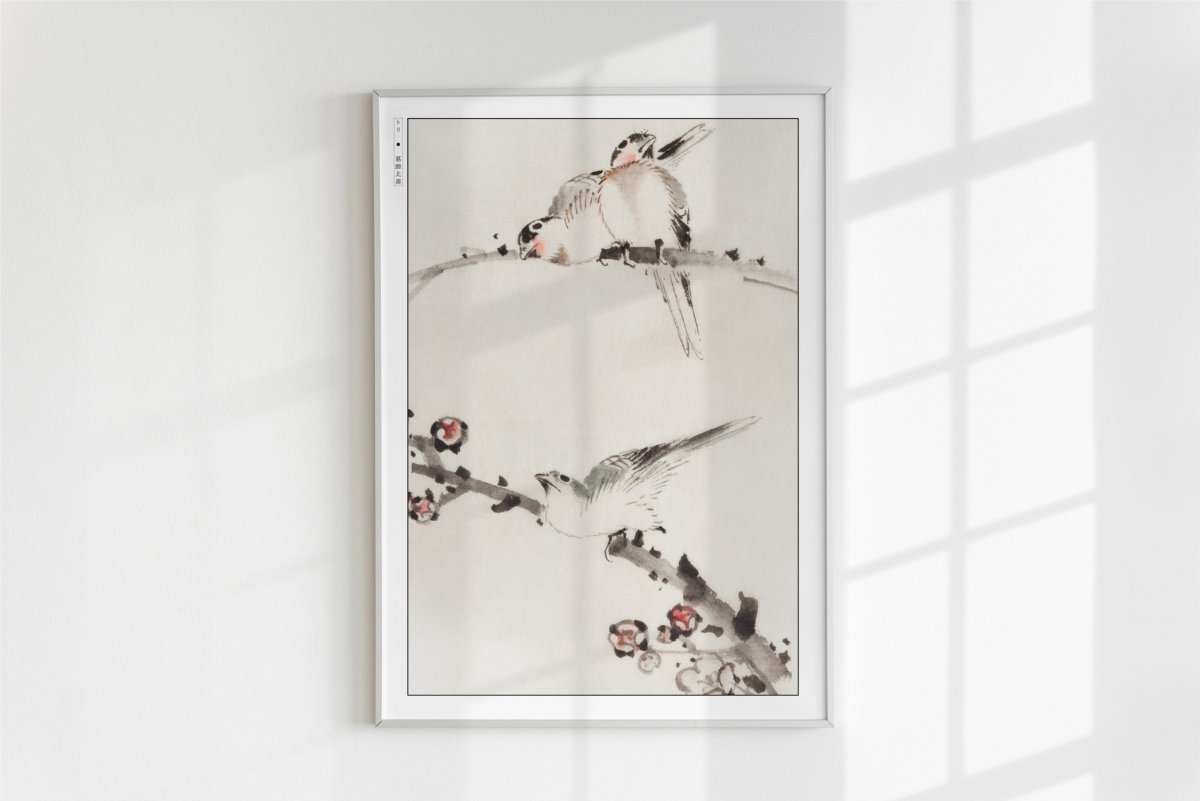 Hokusai - Three Birds Perched on Branches - Art Only - White Frame
