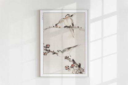 Hokusai - Three Birds Perched on Branches - Art Only - White Frame