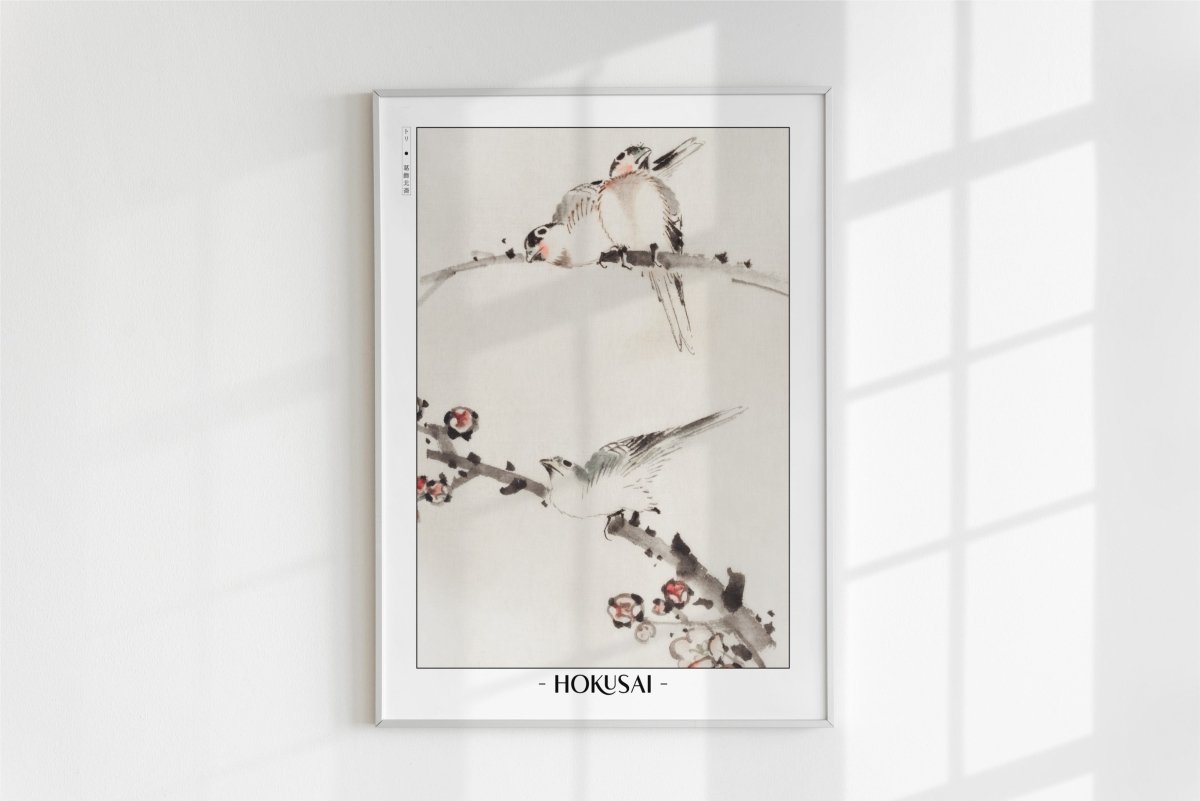 Hokusai - Three Birds Perched on Branches - Artist Name - White Frame