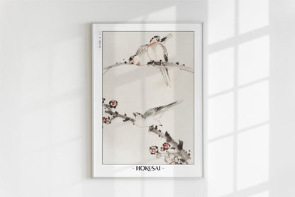 Hokusai - Three Birds Perched on Branches - Artist Name - White Frame