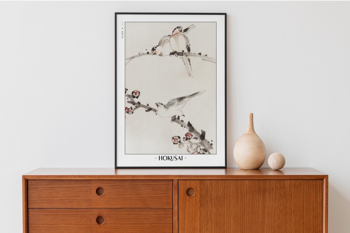 Hokusai - Three Birds Perched on Branches - Artist Name with Decor