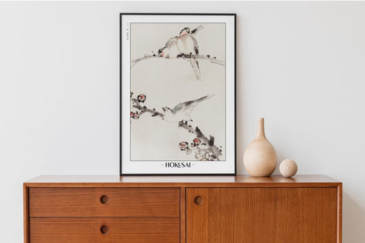 Hokusai - Three Birds Perched on Branches - Artist Name with Decor
