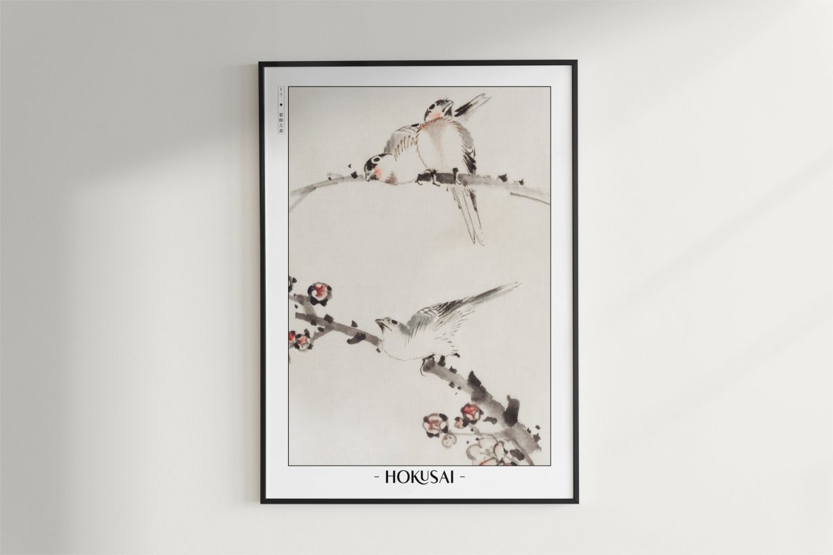 Hokusai - Three Birds Perched on Branches - Artist Name - Black Frame