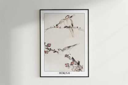 Hokusai - Three Birds Perched on Branches - Artist Name - Black Frame