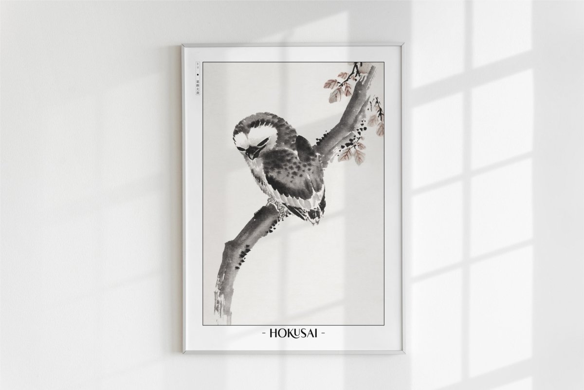Hokusai - Owl - Artist Name - White Frame