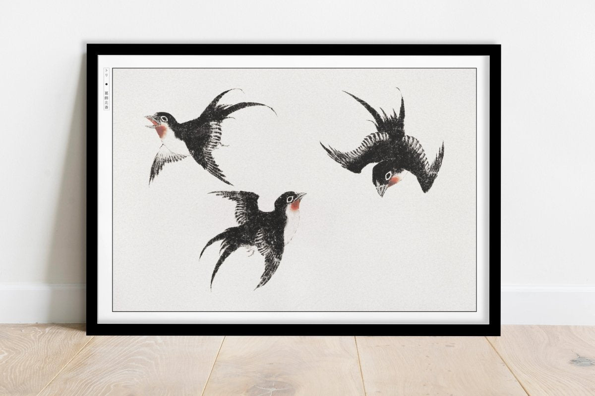 Hokusai - Three Swallows - Art Only - Black Frame