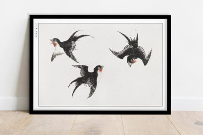 Hokusai - Three Swallows - Art Only - Black Frame